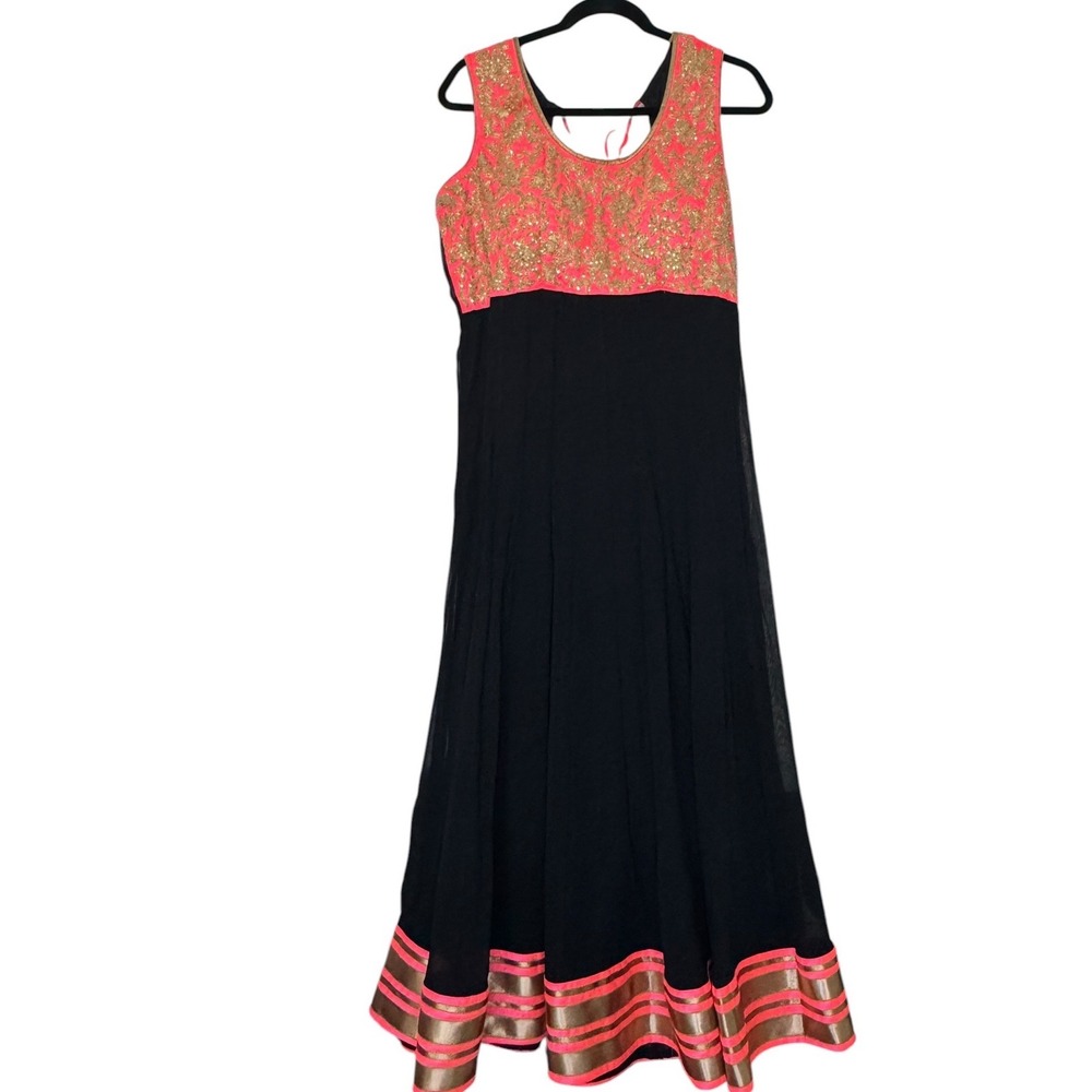 Indian Anarkali Maxi Dress Black Coral Pink Gold Embroidered Sequin Formal Gown